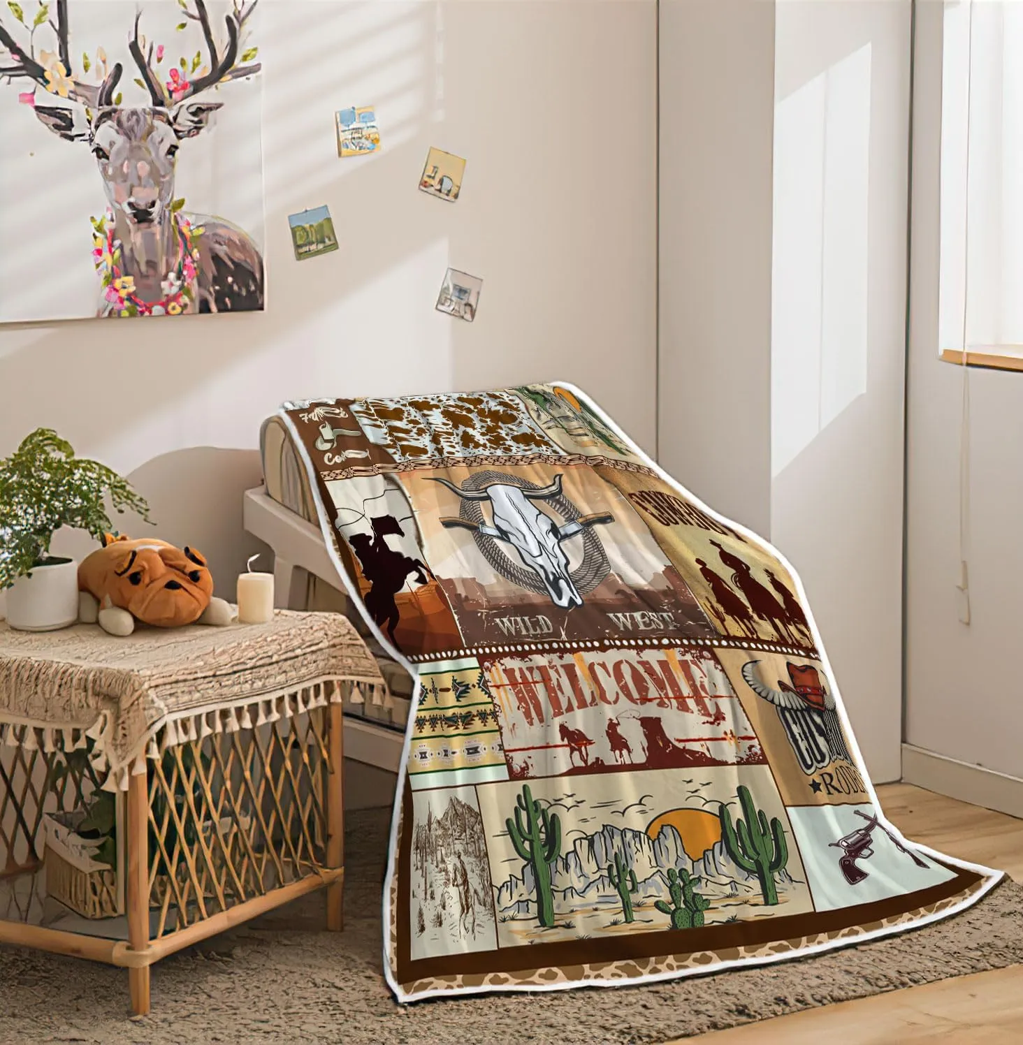 Western Retro Rustic Cowboy Hat Boot Throw Blanket, American Wild West Riding Horses Soft Flannel Blanket for Baby Boys Kids Adults Home Decoration 60X80in Brown