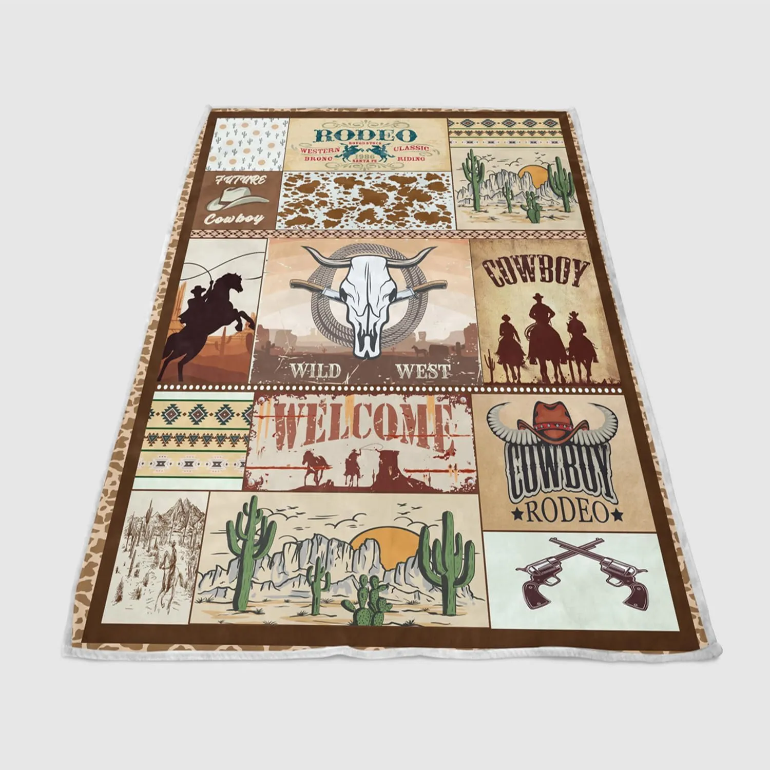 Western Retro Rustic Cowboy Hat Boot Throw Blanket, American Wild West Riding Horses Soft Flannel Blanket for Baby Boys Kids Adults Home Decoration 60X80in Brown