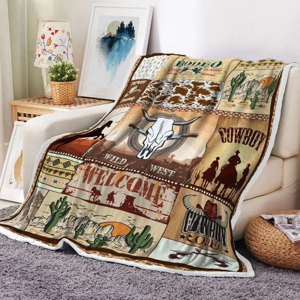 Western Retro Rustic Cowboy Hat Boot Throw Blanket, American Wild West Riding Horses Soft Flannel Blanket for Baby Boys Kids Adults Home Decoration 60X80in Brown