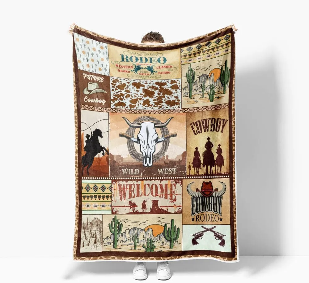 Western Retro Rustic Cowboy Hat Boot Throw Blanket, American Wild West Riding Horses Soft Flannel Blanket for Baby Boys Kids Adults Home Decoration 60X80in Brown