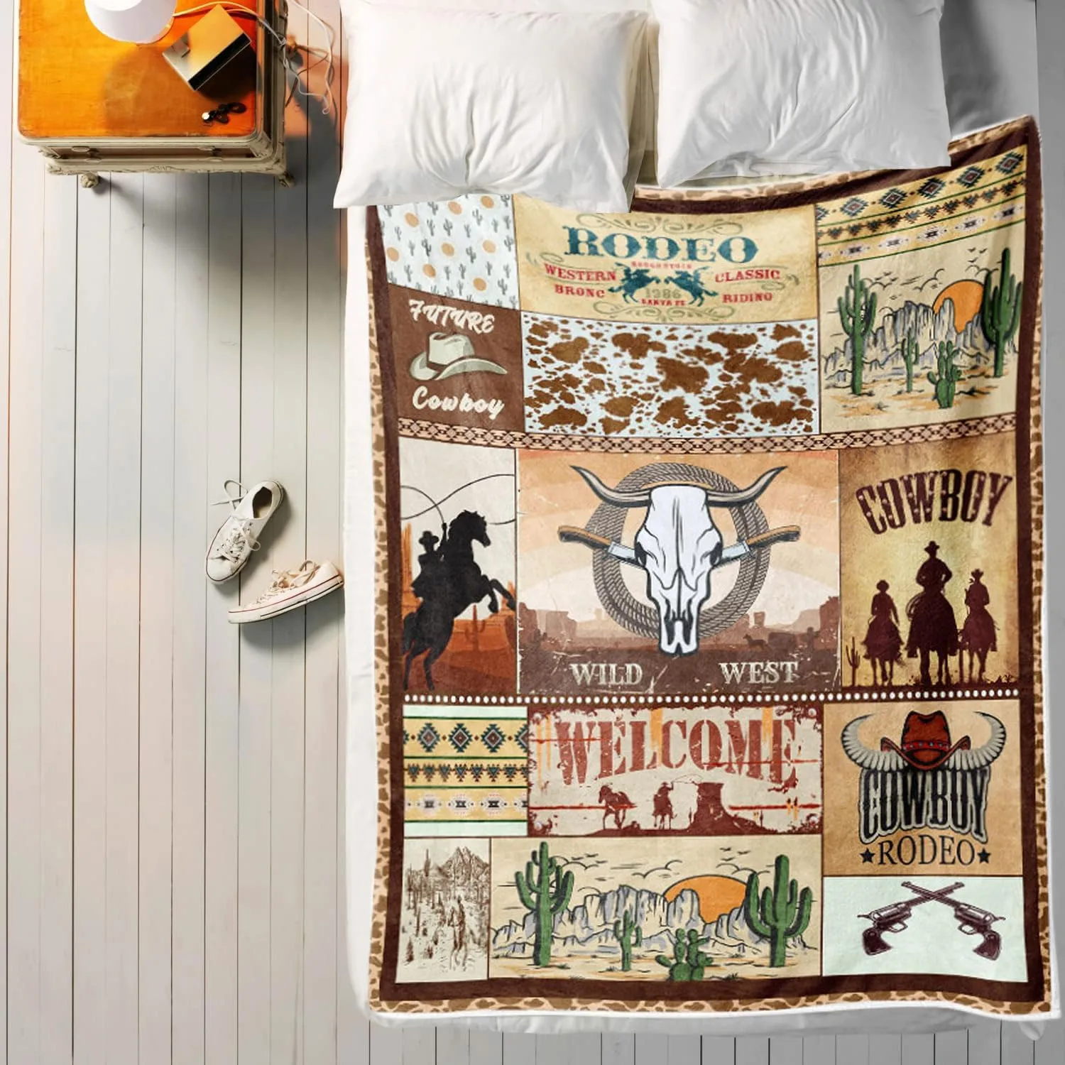 Western Retro Rustic Cowboy Hat Boot Throw Blanket, American Wild West Riding Horses Soft Flannel Blanket for Baby Boys Kids Adults Home Decoration 60X80in Brown