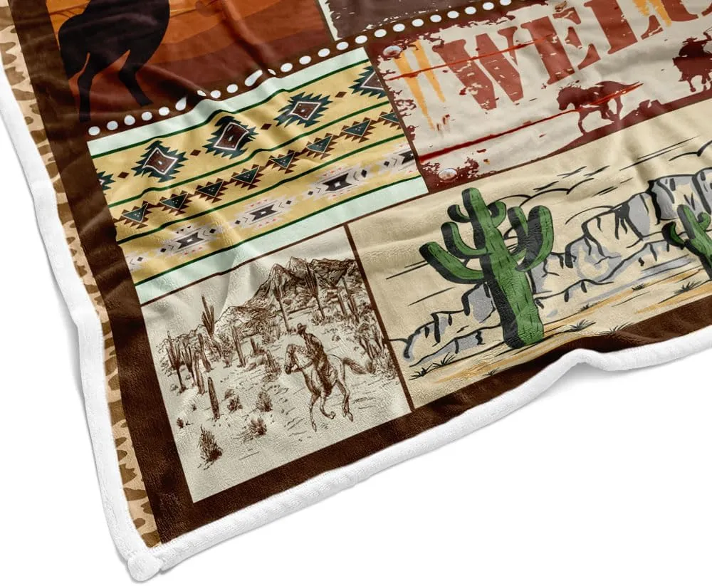 Western Retro Rustic Cowboy Hat Boot Throw Blanket, American Wild West Riding Horses Soft Flannel Blanket for Baby Boys Kids Adults Home Decoration 60X80in Brown