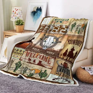 Western Retro Rustic Cowboy Hat Boot Throw Blanket, American Wild West Riding Horses Soft Flannel Blanket for Baby Boys Kids Adults Home Decoration 60X80in Brown