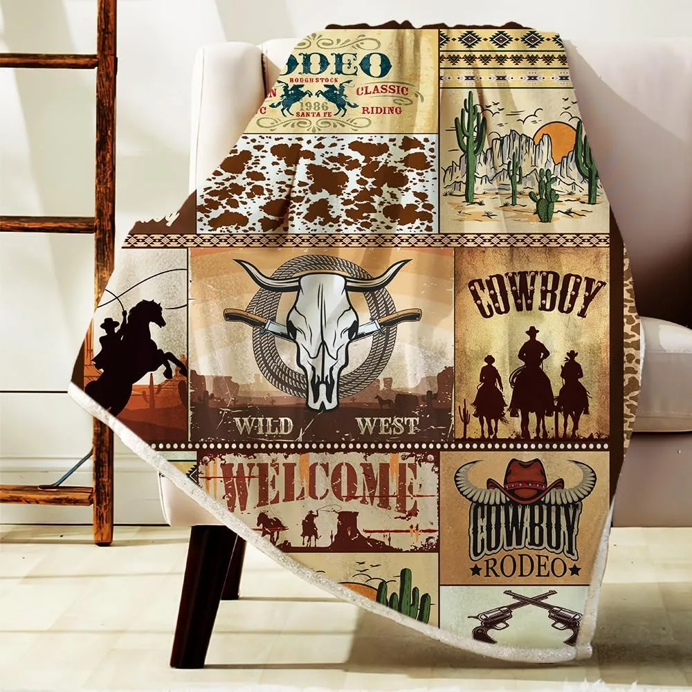 Western Retro Rustic Cowboy Hat Boot Throw Blanket, American Wild West Riding Horses Soft Flannel Blanket for Baby Boys Kids Adults Home Decoration 60X80in Brown