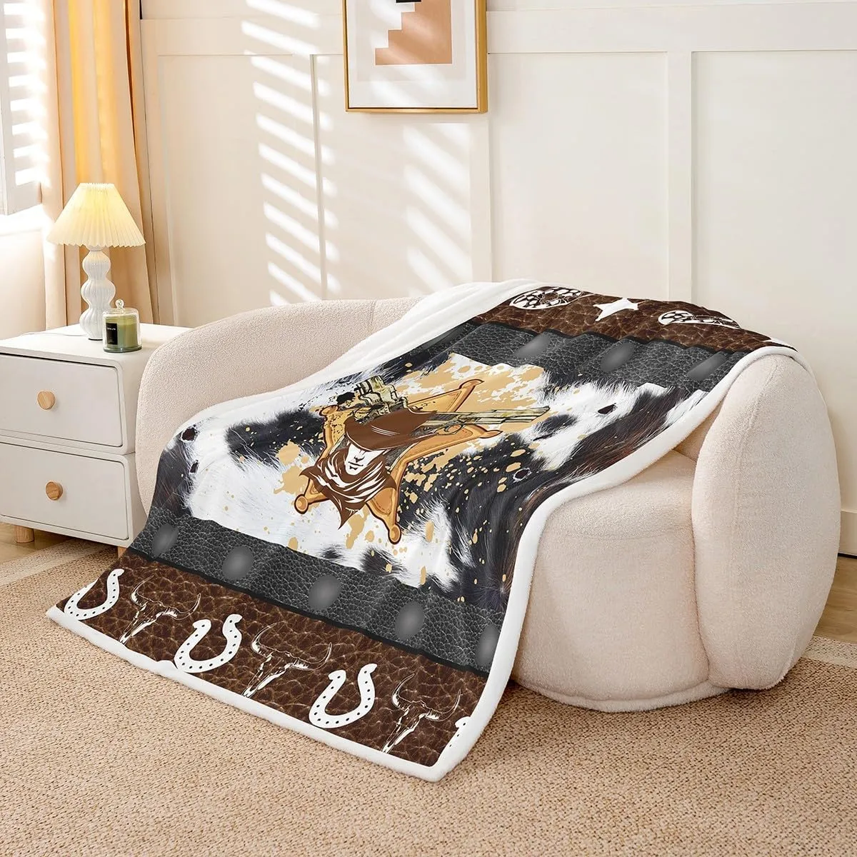 Western Throw Blanket Abstract Black White Brown Cowhide Print Fleece Blanket, Cowboy Hats Horseshoes Bull Skull Throws for Bed Couch Sofa, Kids Boy Room Decor, Soft and Breathable(50 x 60 Inches)