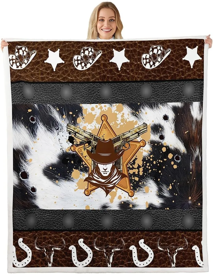 Western Throw Blanket Abstract Black White Brown Cowhide Print Fleece Blanket, Cowboy Hats Horseshoes Bull Skull Throws for Bed Couch Sofa, Kids Boy Room Decor, Soft and Breathable(50 x 60 Inches)