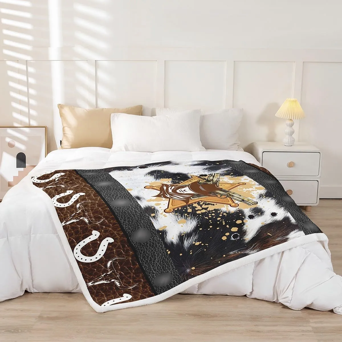 Western Throw Blanket Abstract Black White Brown Cowhide Print Fleece Blanket, Cowboy Hats Horseshoes Bull Skull Throws for Bed Couch Sofa, Kids Boy Room Decor, Soft and Breathable(50 x 60 Inches)