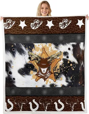 Western Throw Blanket Abstract Black White Brown Cowhide Print Fleece Blanket, Cowboy Hats Horseshoes Bull Skull Throws for Bed Couch Sofa, Kids Boy Room Decor, Soft and Breathable(50 x 60 Inches)