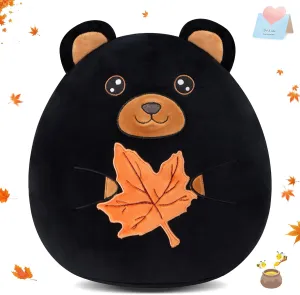 WEWILL 12-Inch Black Bear Plush Pillow - Cute Bear Holding Maple Leaf | Bear Plush Toy for Kids and Adults | Autumn Theme Decor | Black Bear Stuffed Animal Gift