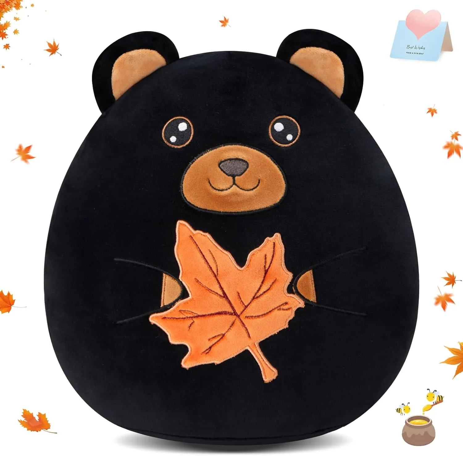 WEWILL 12-Inch Black Bear Plush Pillow - Cute Bear Holding Maple Leaf | Bear Plush Toy for Kids and Adults | Autumn Theme Decor | Black Bear Stuffed Animal Gift