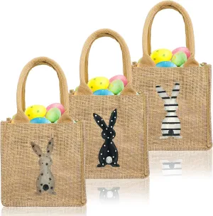 Whaline 3 Pcs Easter Bunny Burlap Gift Bags with Handle Watercolor Cute Rabbit Tote Bags Reusable Grocery Shopping Bags for Spring Holiday Party Supplies, 7.9 x 7.9 Inch