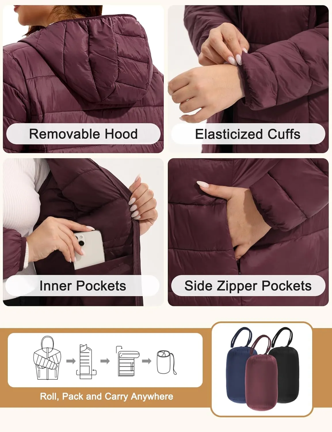 WINDMILL Women's Plus Size Packable Puffer Jacket, Hooded Lightweight Puffy Jacket (1X-6X)