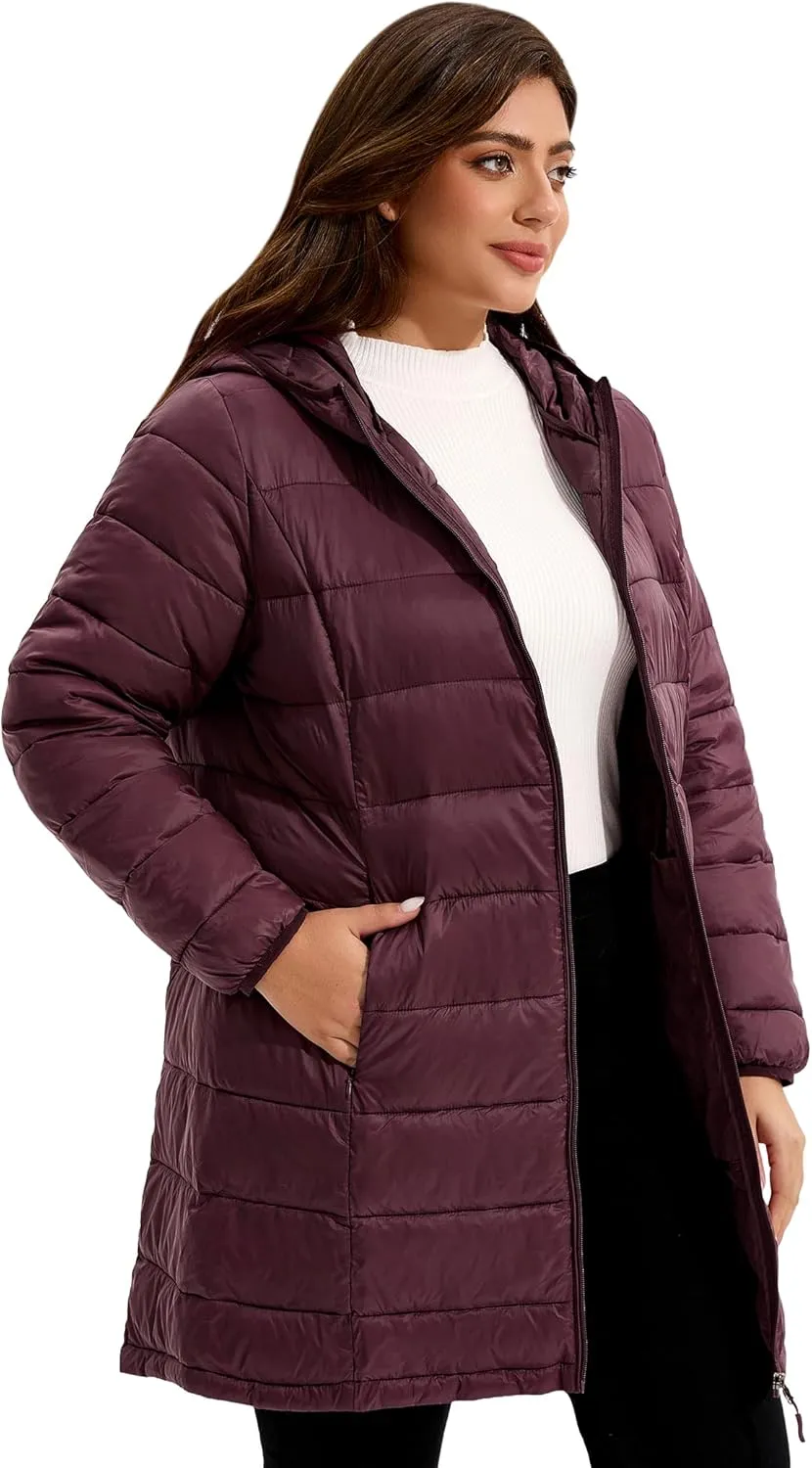 WINDMILL Women's Plus Size Packable Puffer Jacket, Hooded Lightweight Puffy Jacket (1X-6X)