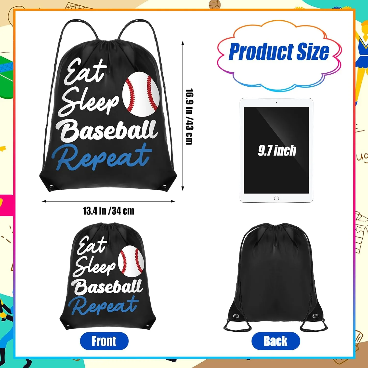 Windyun 16 Pcs Ball Drawstring Backpack Bulk Lightweight Draw String Bags Cinch Bags Drawstring Cinch Sack Tote(Baseball)