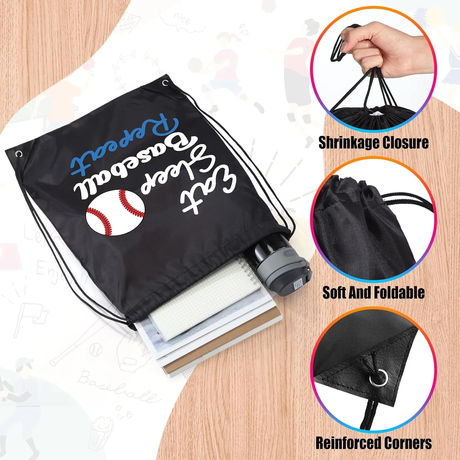 Windyun 16 Pcs Ball Drawstring Backpack Bulk Lightweight Draw String Bags Cinch Bags Drawstring Cinch Sack Tote(Baseball)