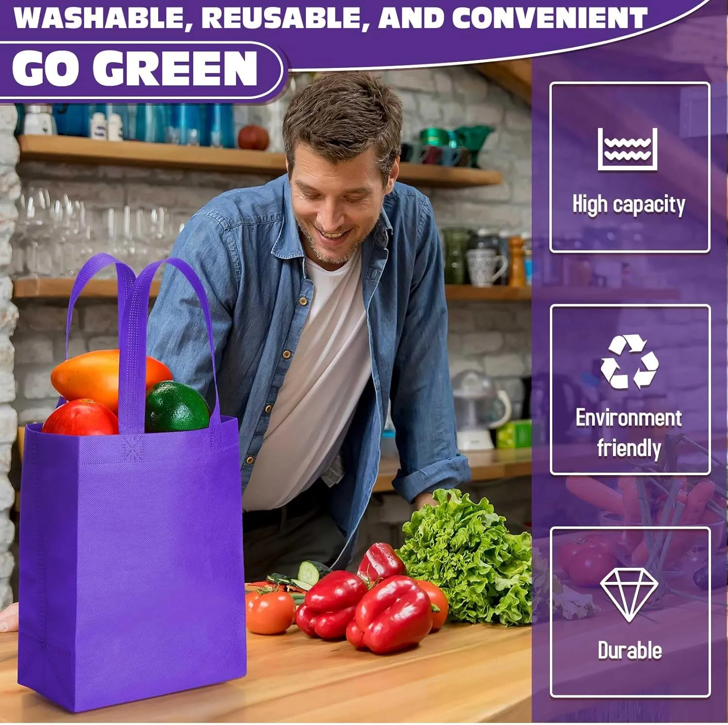Windyun 50 Pieces Reusable Tote Bags Bulk Non Woven Grocery Tote with Handles Reusable Shopping Bags for Party