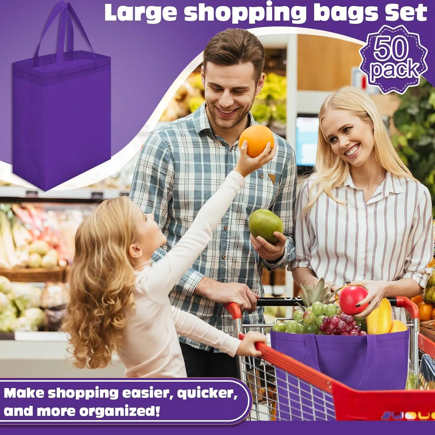 Windyun 50 Pieces Reusable Tote Bags Bulk Non Woven Grocery Tote with Handles Reusable Shopping Bags for Party