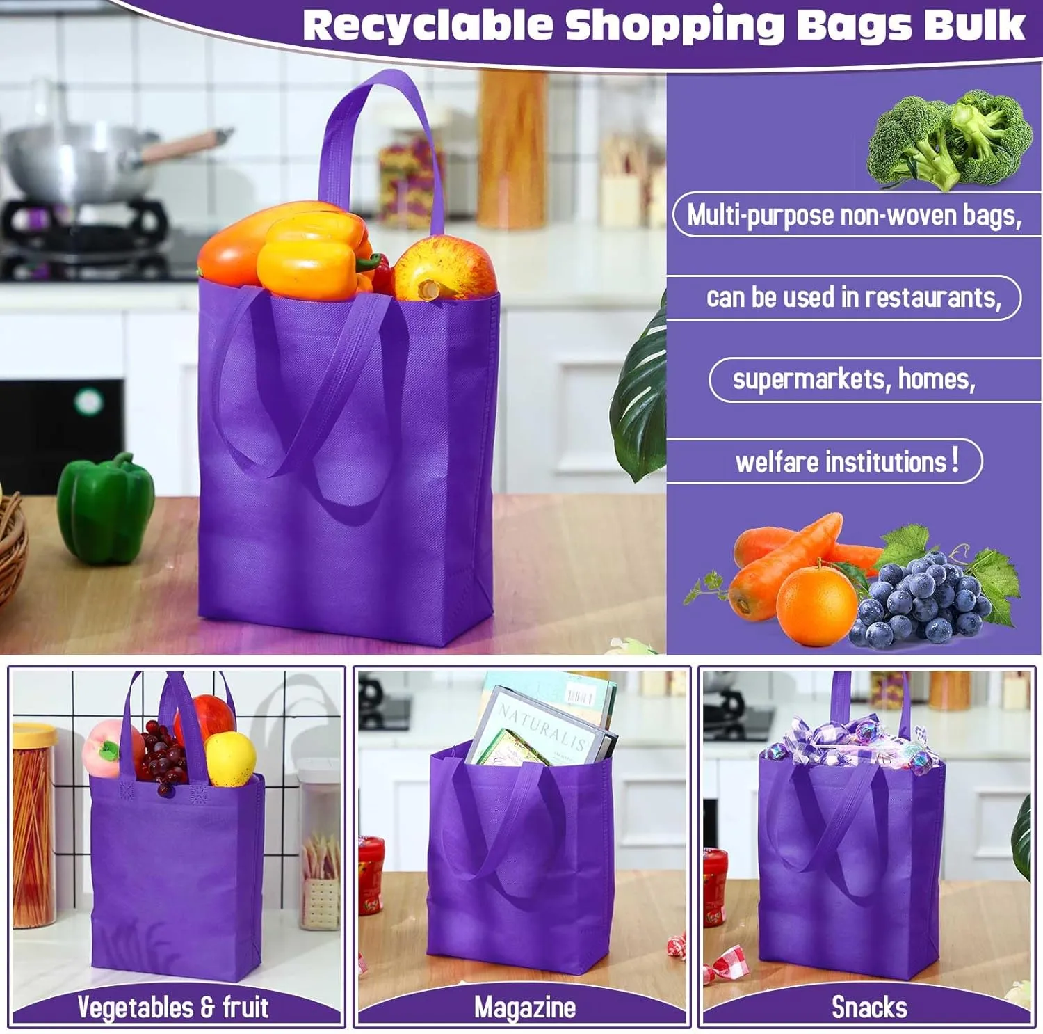 Windyun 50 Pieces Reusable Tote Bags Bulk Non Woven Grocery Tote with Handles Reusable Shopping Bags for Party