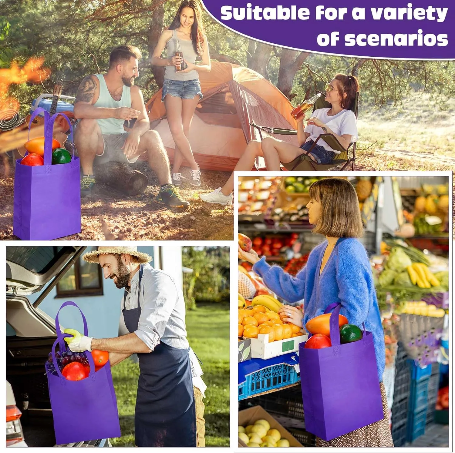 Windyun 50 Pieces Reusable Tote Bags Bulk Non Woven Grocery Tote with Handles Reusable Shopping Bags for Party
