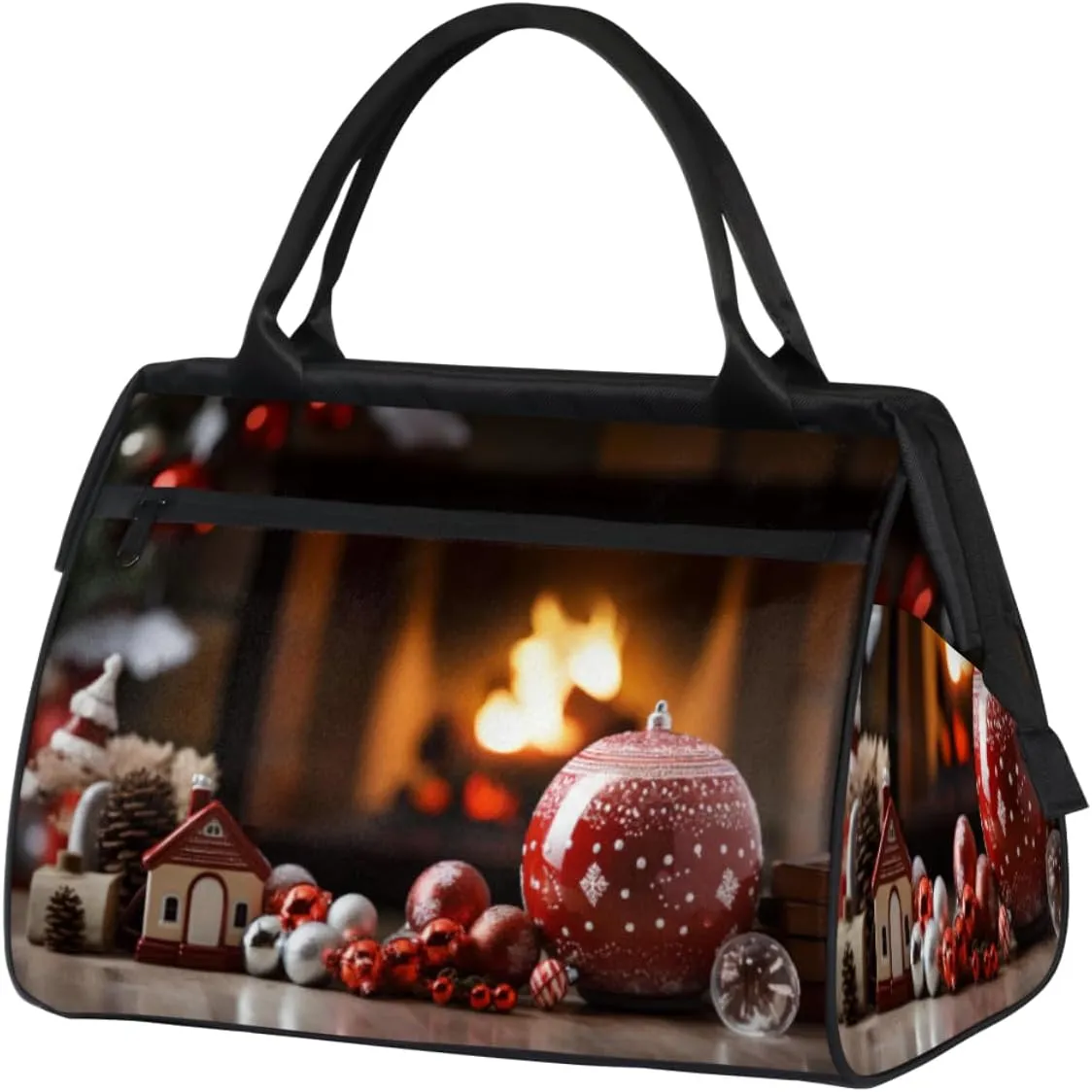 Winter Christmas Fireplace Ballon Gym Bag for Women Men, Travel Sports Duffel Bag with Trolley Sleeve, Waterproof Sports Gym Bag Weekender Overnight Bag Carry On Tote Bag for Travel Gym Sport