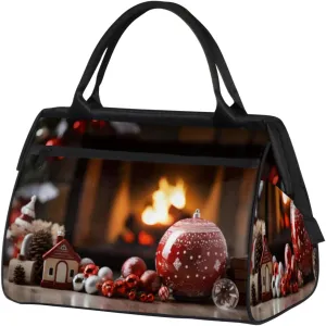 Winter Christmas Fireplace Ballon Gym Bag for Women Men, Travel Sports Duffel Bag with Trolley Sleeve, Waterproof Sports Gym Bag Weekender Overnight Bag Carry On Tote Bag for Travel Gym Sport