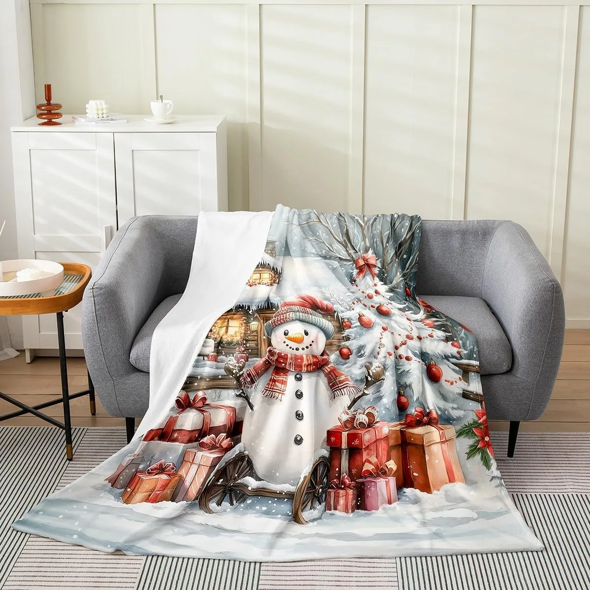 Winter Snowman Throw Blanket Jungle Cabin Jungle Pine Trees Bed Blanket for Kids Teens Adults New Year Christmas Rustic Style Flannel Blanket for Housewarming Couch Twin 60x80