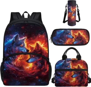 Wolf Boys Backpack Ages 10-12 Cool Book Bag for Primary School Children 6 Grade Kids 4 Piece School Bag Set with Rucksack Lunch Box Water Cup Sleeve Pencil Case