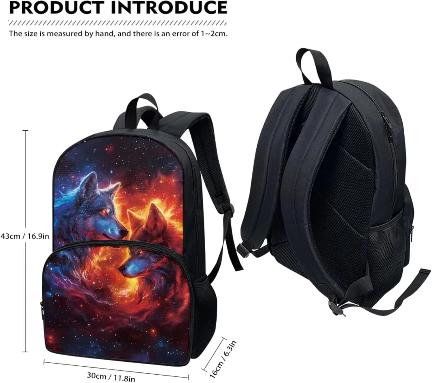 Wolf Boys Backpack Ages 10-12 Cool Book Bag for Primary School Children 6 Grade Kids 4 Piece School Bag Set with Rucksack Lunch Box Water Cup Sleeve Pencil Case