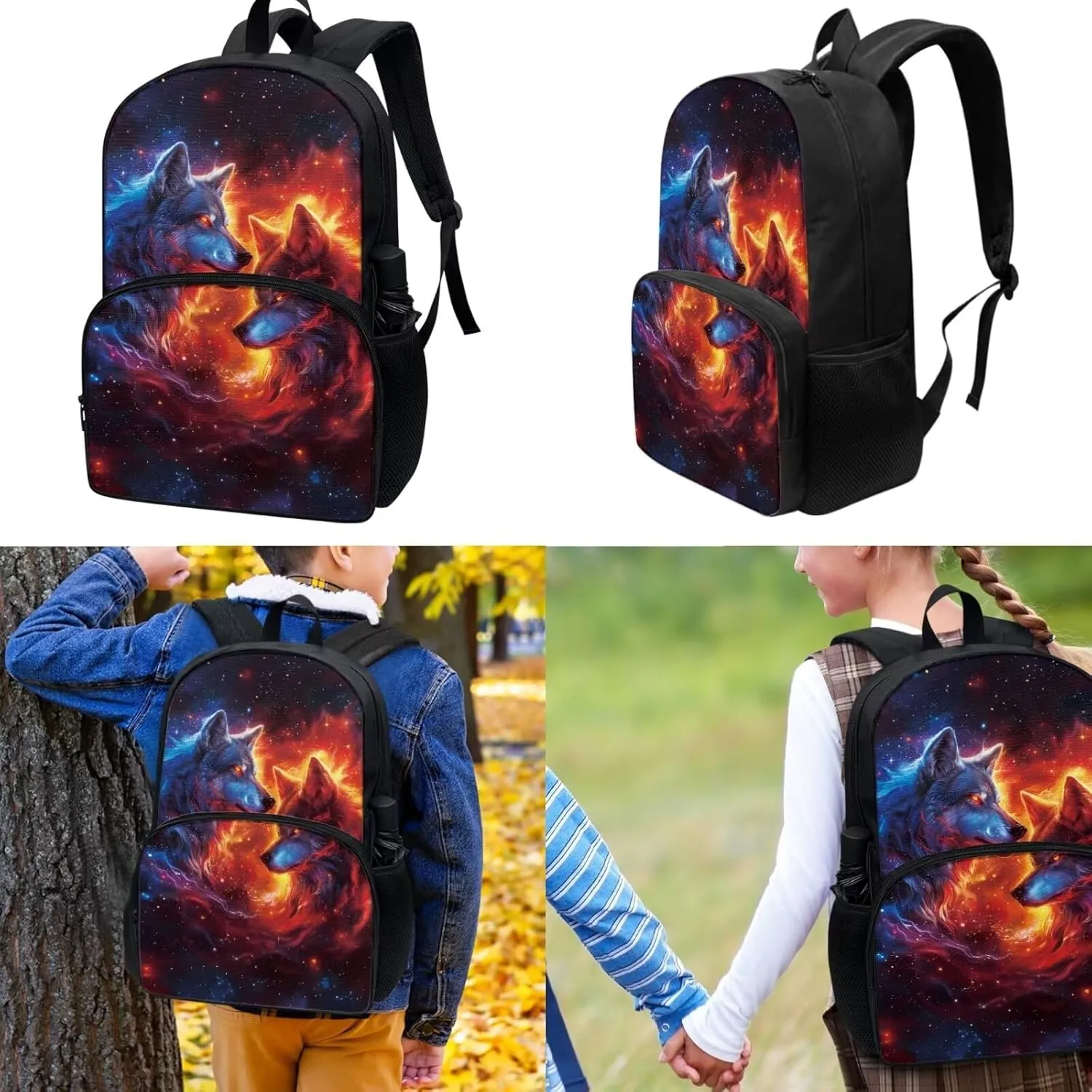 Wolf Boys Backpack Ages 10-12 Cool Book Bag for Primary School Children 6 Grade Kids 4 Piece School Bag Set with Rucksack Lunch Box Water Cup Sleeve Pencil Case