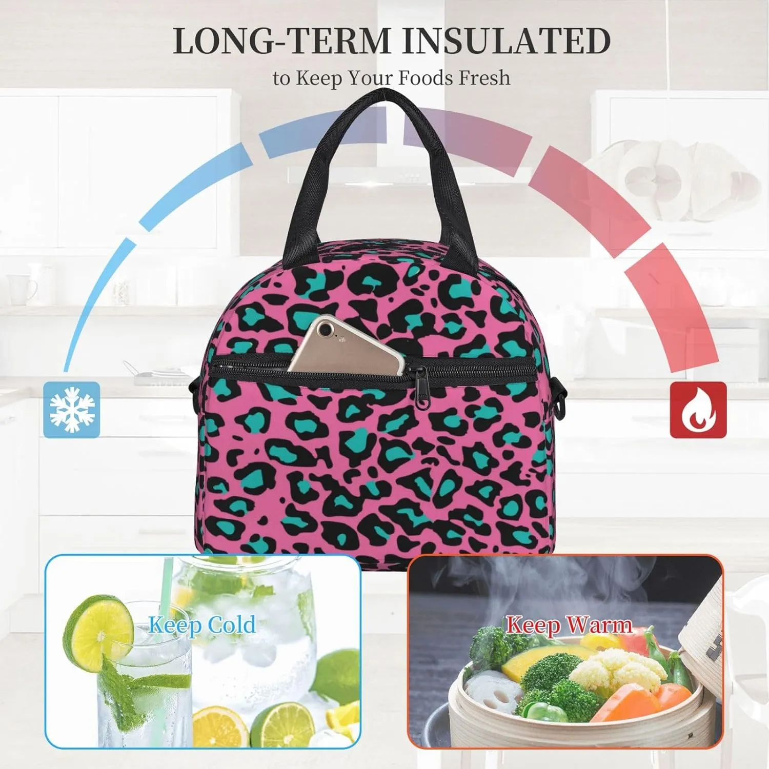 Wolf Pattern,Insulated Reusable Lunch Bag Adult Large Lunch Box for Women and Men,Carnivore Animal in Snow Mountains,Adjustable Shoulder Strap,Front Zipper Pocket,Blue Grey