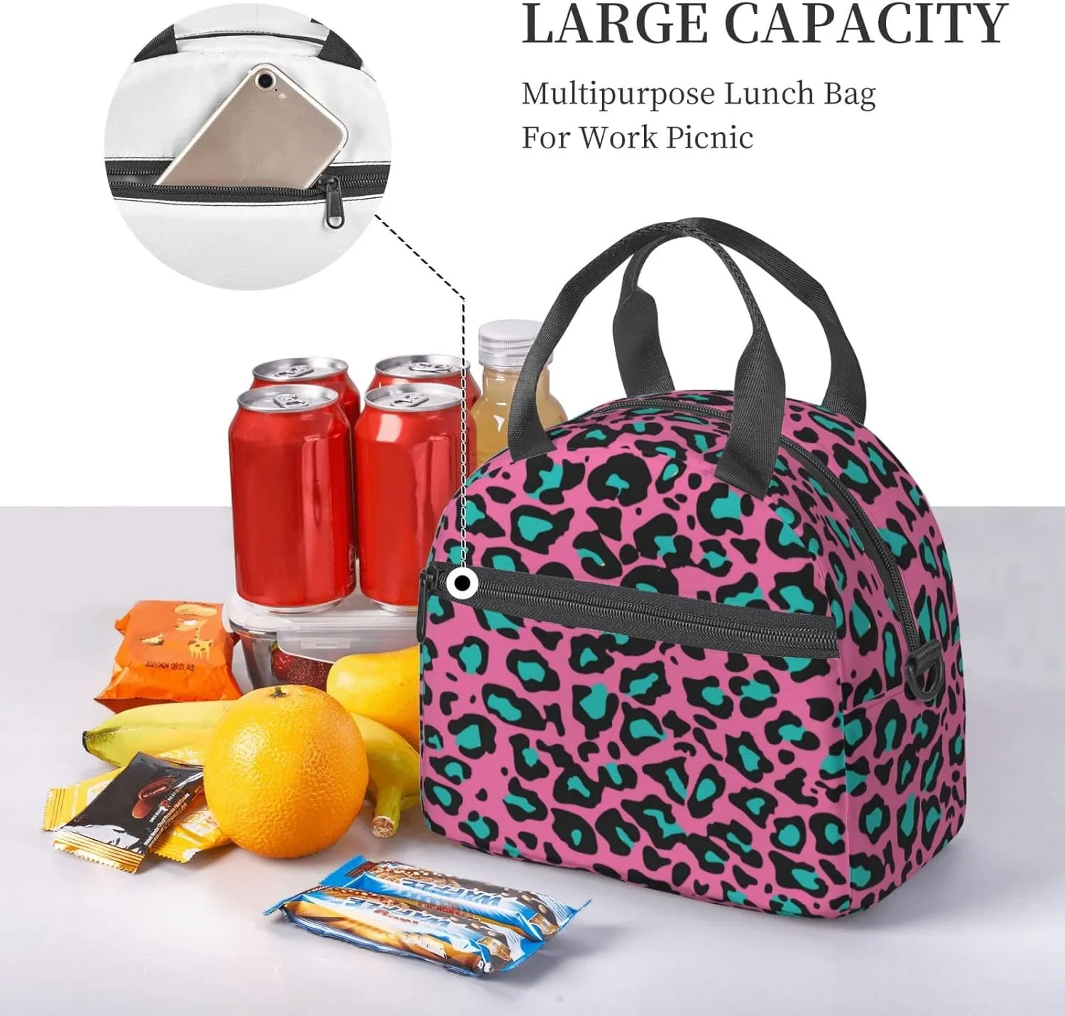 Wolf Pattern,Insulated Reusable Lunch Bag Adult Large Lunch Box for Women and Men,Carnivore Animal in Snow Mountains,Adjustable Shoulder Strap,Front Zipper Pocket,Blue Grey
