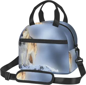 Wolf Pattern,Insulated Reusable Lunch Bag Adult Large Lunch Box for Women and Men,Carnivore Animal in Snow Mountains,Adjustable Shoulder Strap,Front Zipper Pocket,Blue Grey