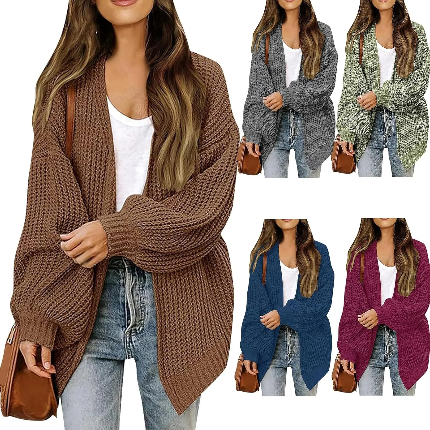 Women Fall Oversized Cardigan Sweater Cable Knit Chunky Warm Open Front Outerwear Solid Color Long Sleeve Trendy Coat