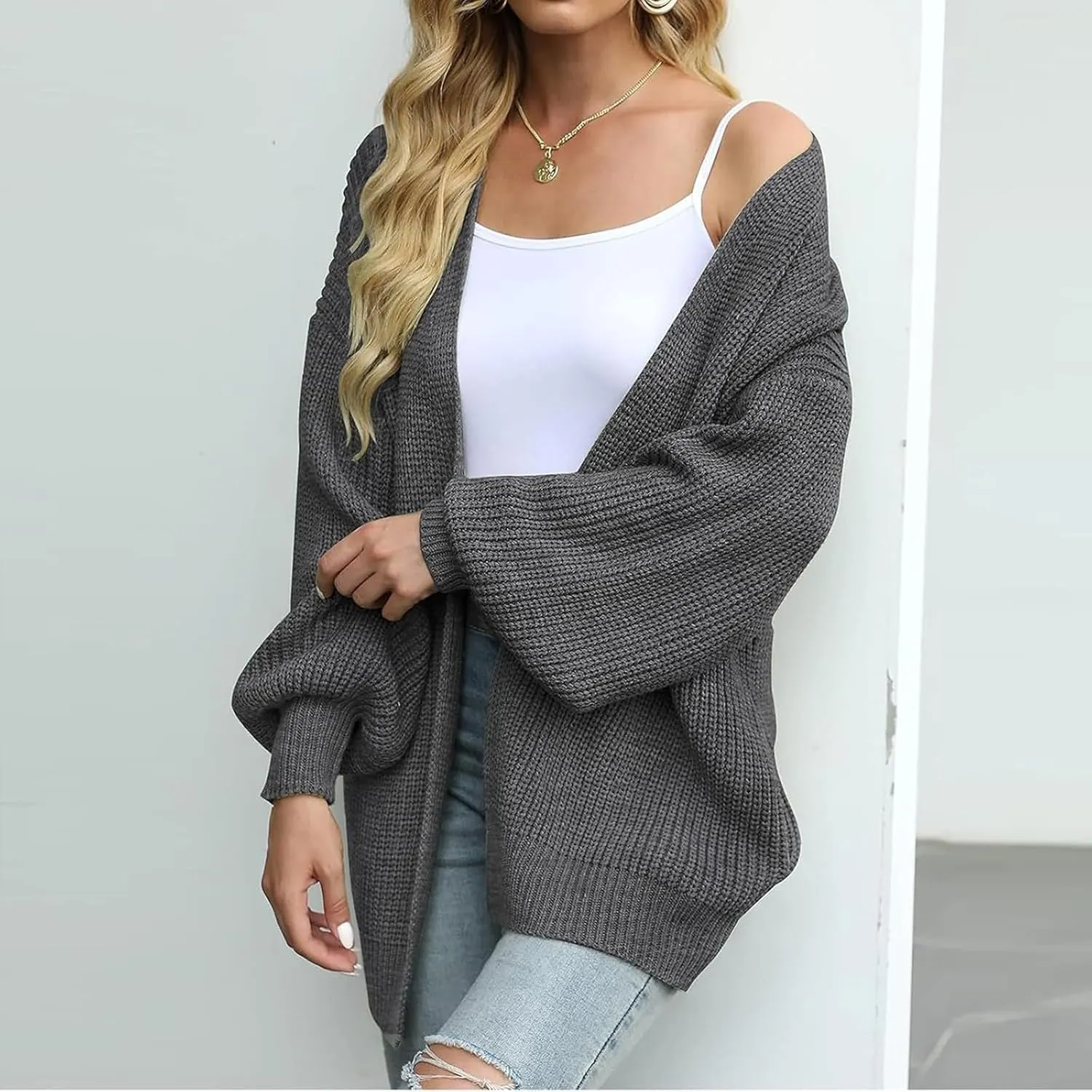 Women Fall Oversized Cardigan Sweater Cable Knit Chunky Warm Open Front Outerwear Solid Color Long Sleeve Trendy Coat