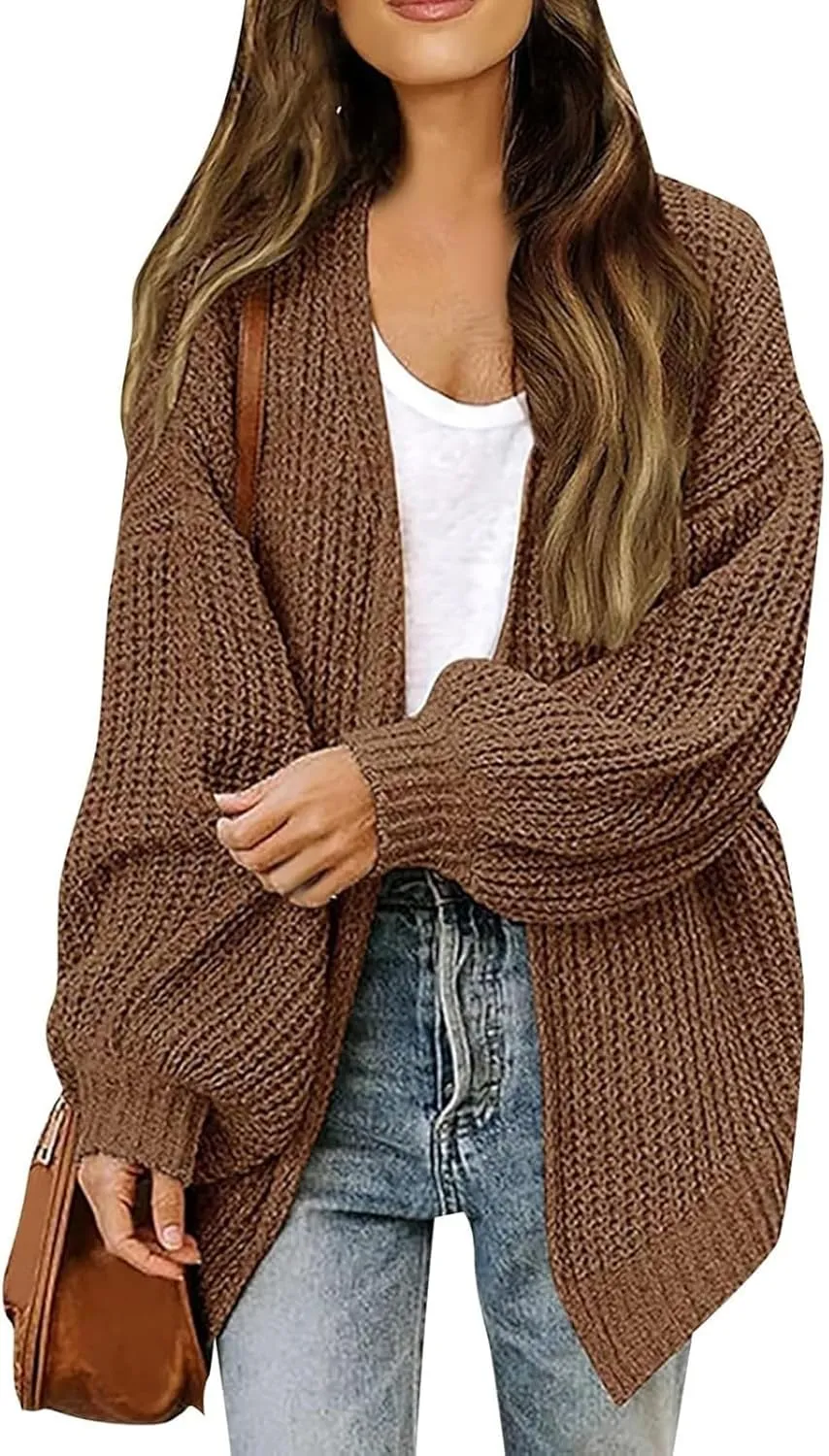 Women Fall Oversized Cardigan Sweater Cable Knit Chunky Warm Open Front Outerwear Solid Color Long Sleeve Trendy Coat