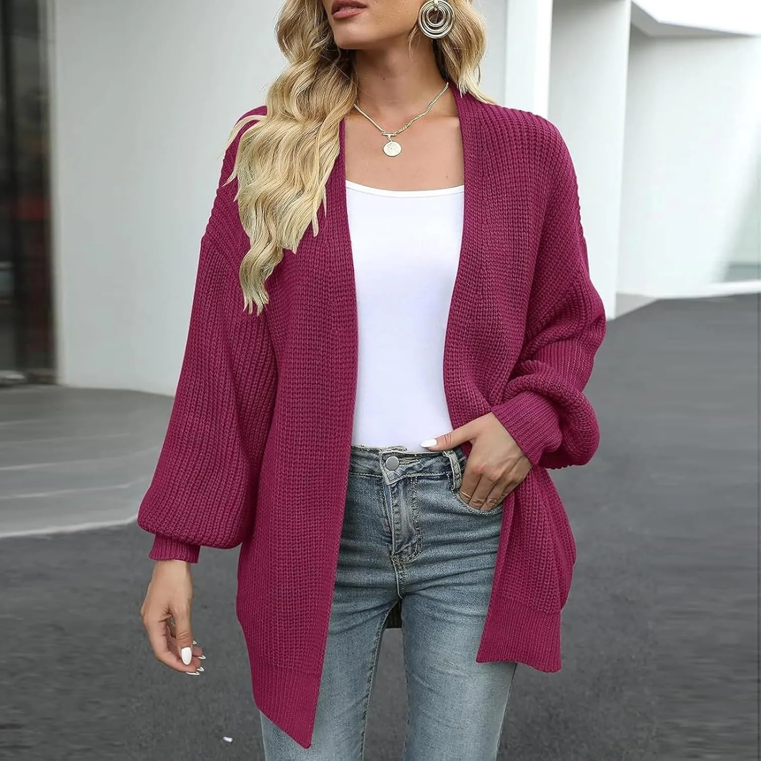 Women Fall Oversized Cardigan Sweater Cable Knit Chunky Warm Open Front Outerwear Solid Color Long Sleeve Trendy Coat