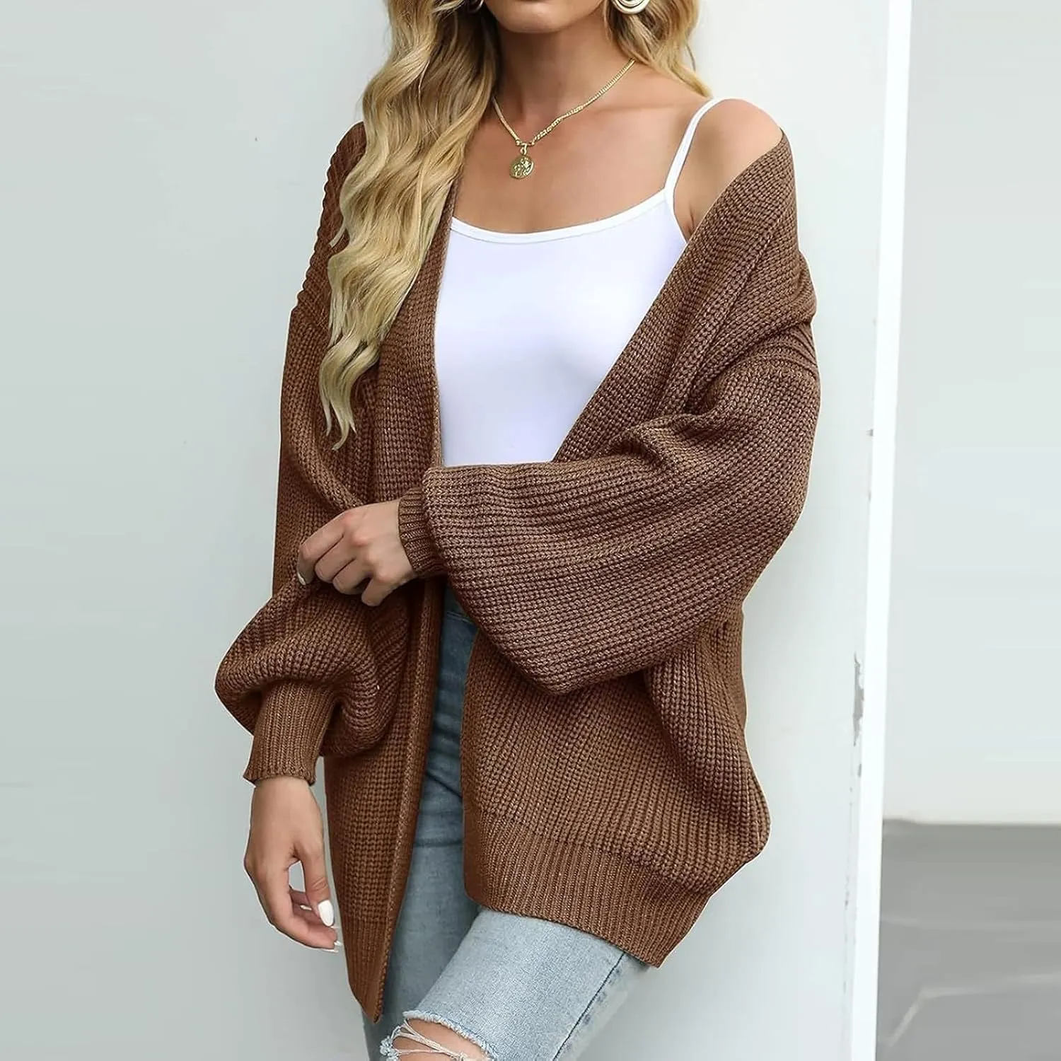 Women Fall Oversized Cardigan Sweater Cable Knit Chunky Warm Open Front Outerwear Solid Color Long Sleeve Trendy Coat