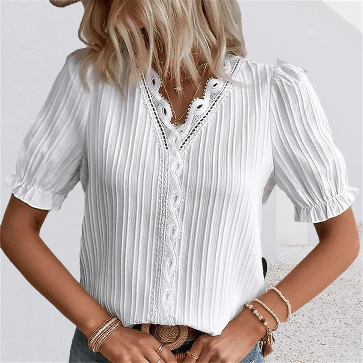 Women Lace V Neck Short Sleeve Shirt Elegant Puff Sleeve Office Work Dressy Blouse Plus Size Slim Tunic Casual Tshirt