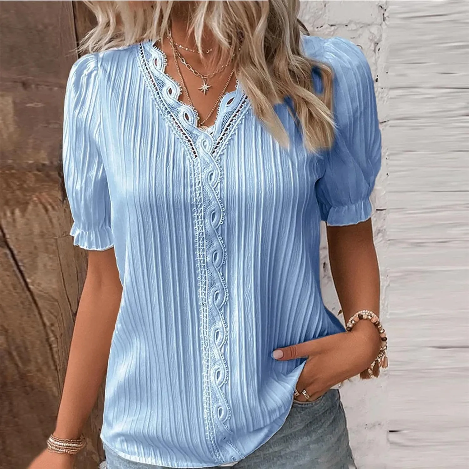 Women Lace V Neck Short Sleeve Shirt Elegant Puff Sleeve Office Work Dressy Blouse Plus Size Slim Tunic Casual Tshirt