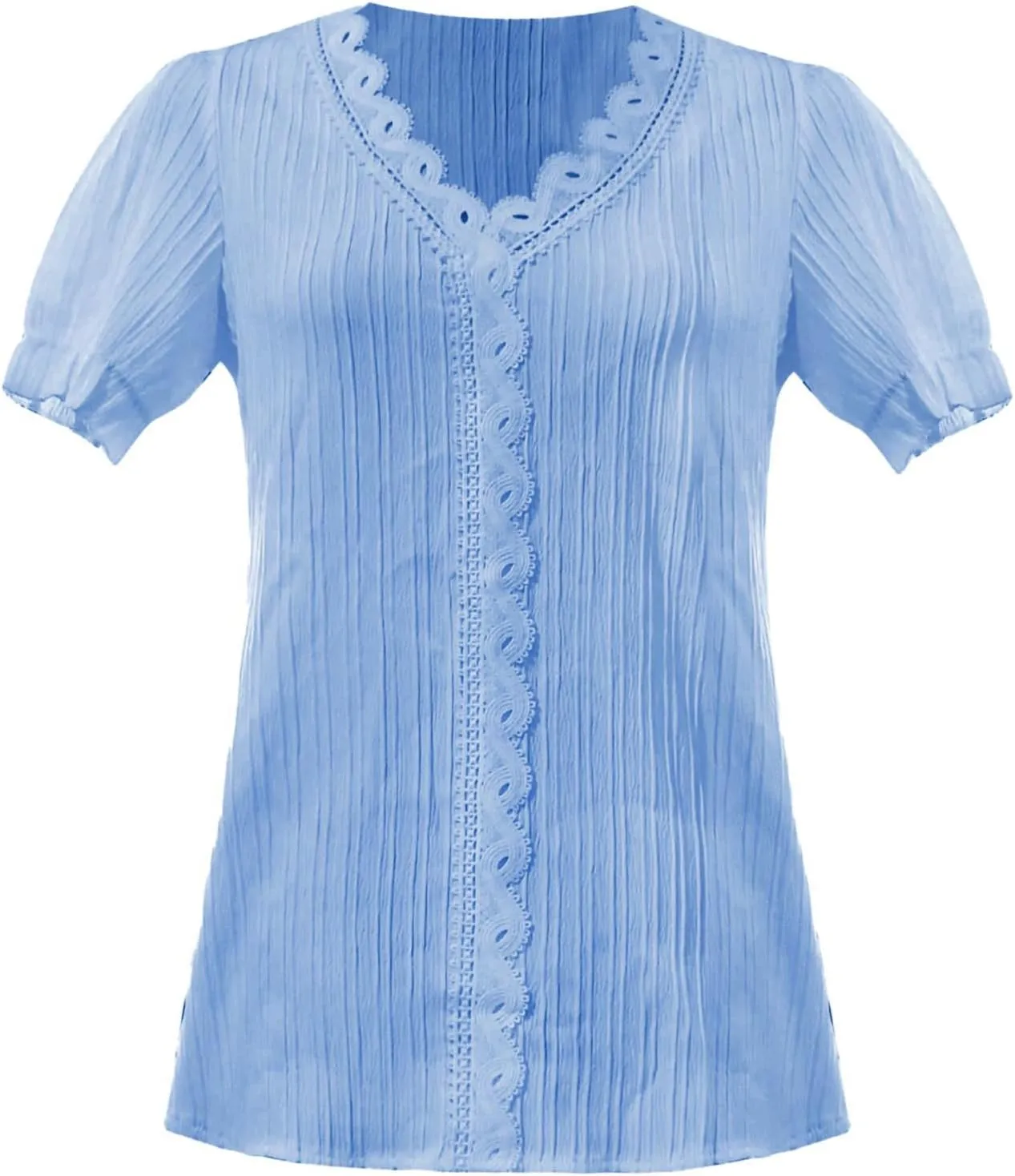 Women Lace V Neck Short Sleeve Shirt Elegant Puff Sleeve Office Work Dressy Blouse Plus Size Slim Tunic Casual Tshirt