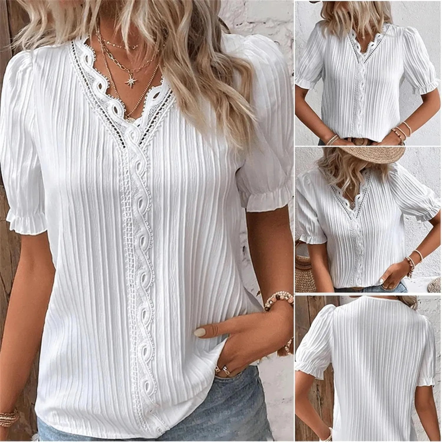 Women Lace V Neck Short Sleeve Shirt Elegant Puff Sleeve Office Work Dressy Blouse Plus Size Slim Tunic Casual Tshirt