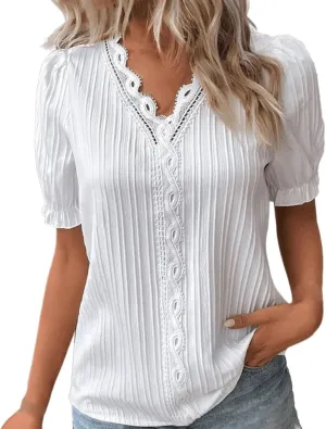 Women Lace V Neck Short Sleeve Shirt Elegant Puff Sleeve Office Work Dressy Blouse Plus Size Slim Tunic Casual Tshirt