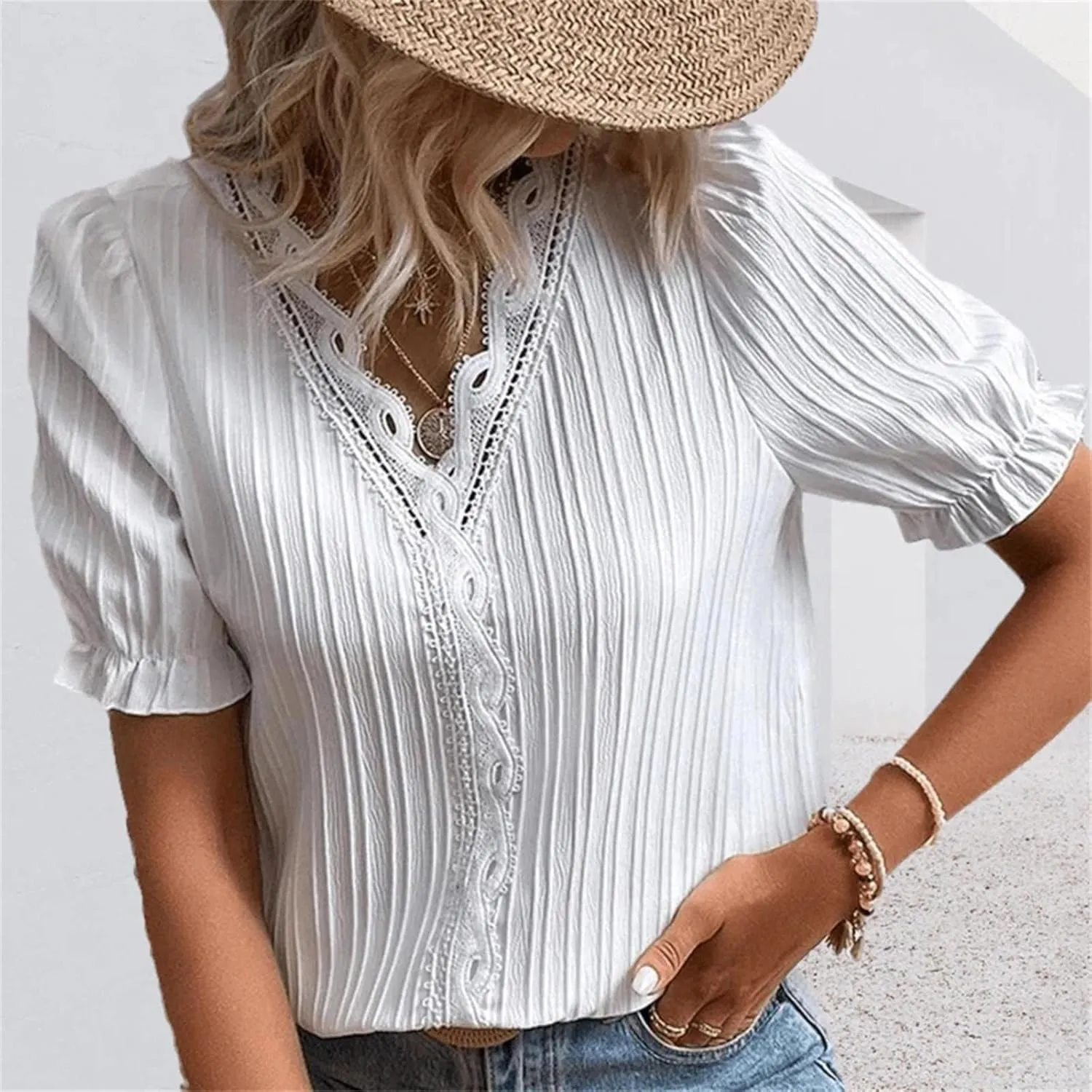 Women Lace V Neck Short Sleeve Shirt Elegant Puff Sleeve Office Work Dressy Blouse Plus Size Slim Tunic Casual Tshirt