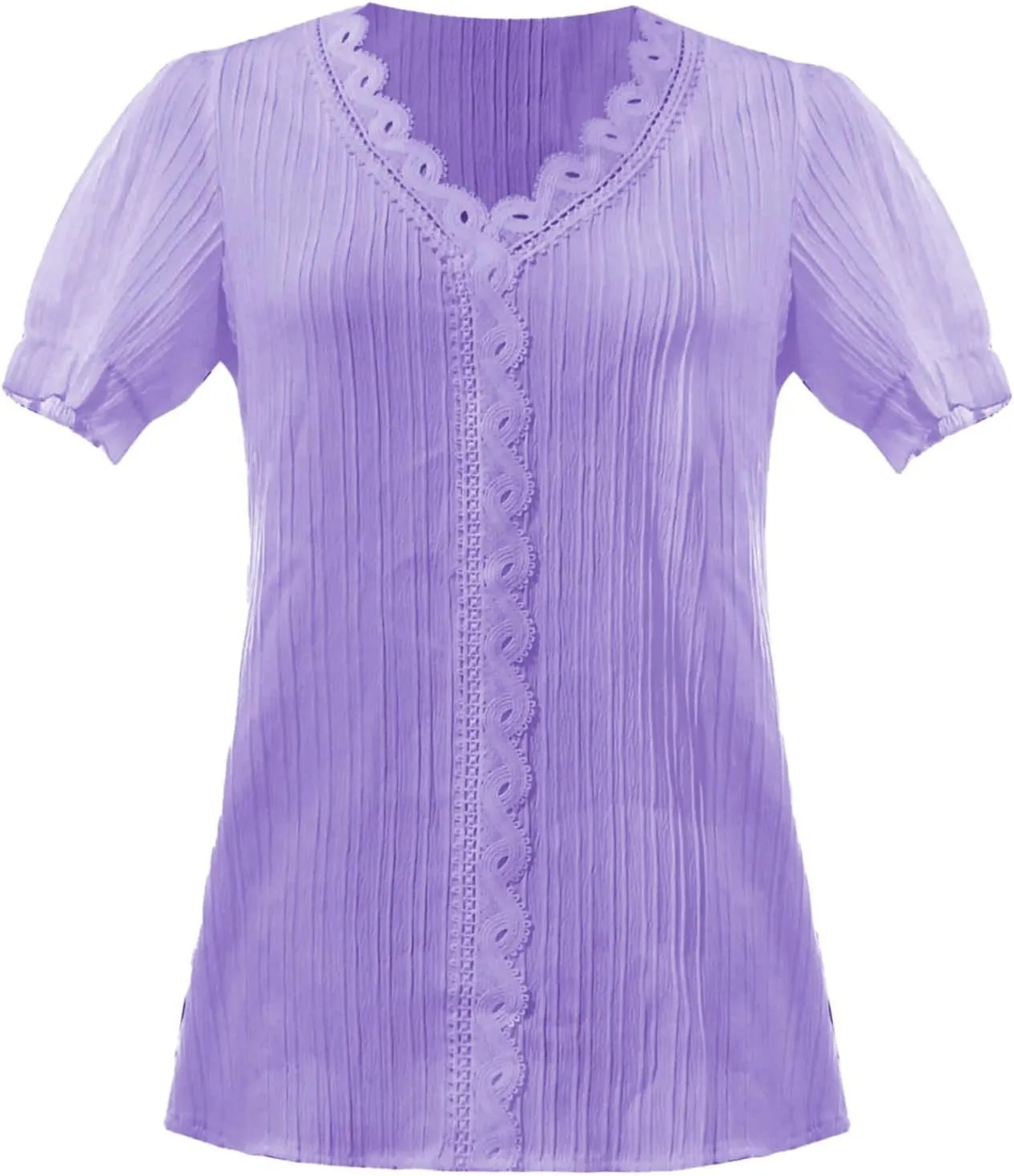 Women Lace V Neck Short Sleeve Shirt Elegant Puff Sleeve Office Work Dressy Blouse Plus Size Slim Tunic Casual Tshirt