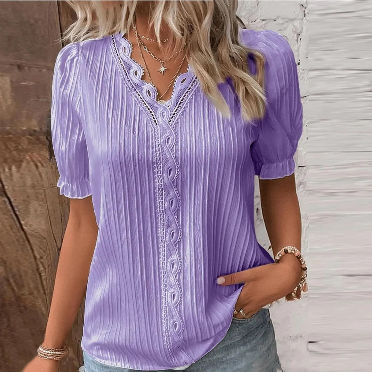 Women Lace V Neck Short Sleeve Shirt Elegant Puff Sleeve Office Work Dressy Blouse Plus Size Slim Tunic Casual Tshirt