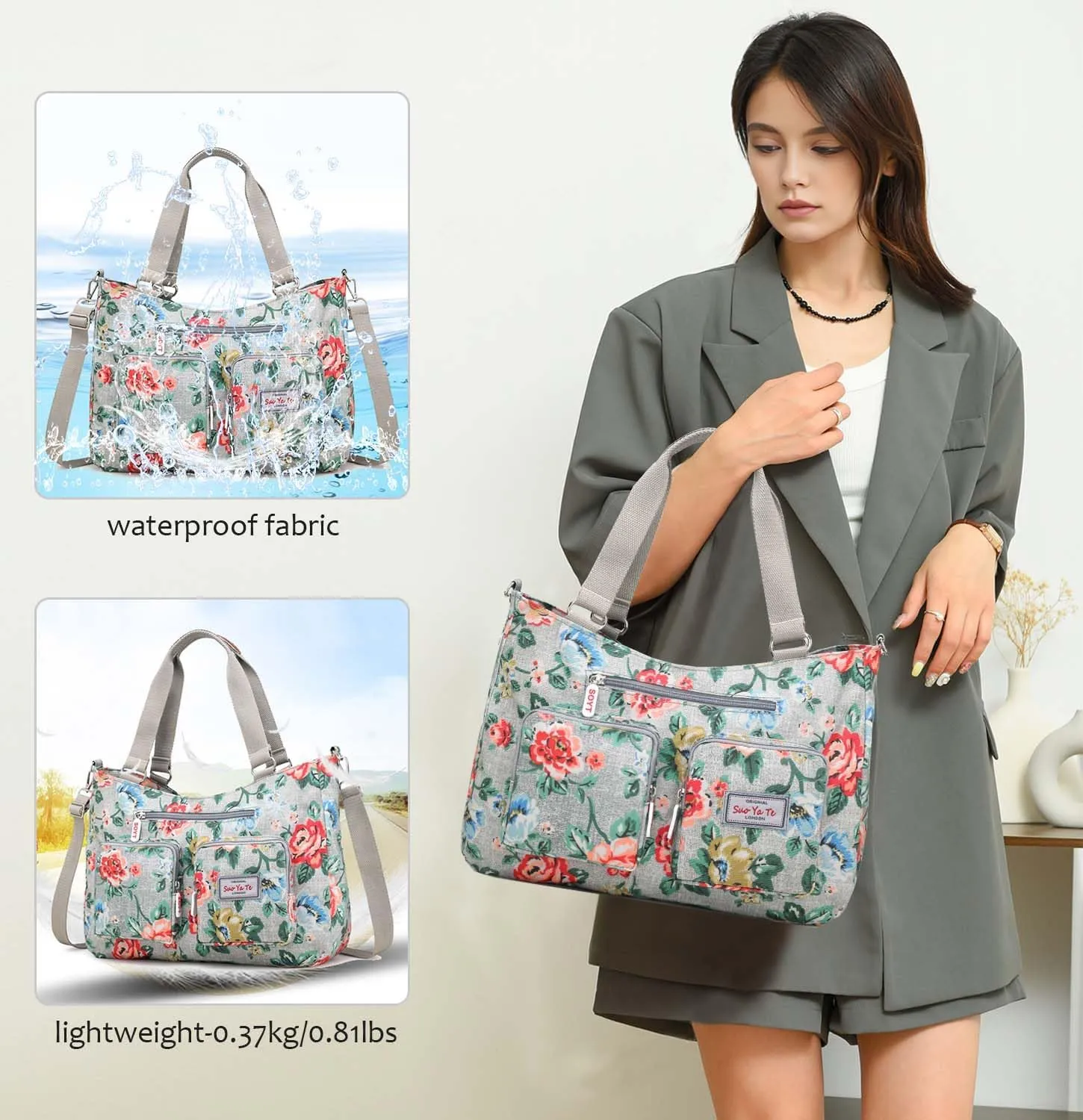 Women Utility Tote Bag Teacher Purses and Handbags for Nurse Waterproof Nylon Multi Pocket Shoulder Bag Work Tote Bag