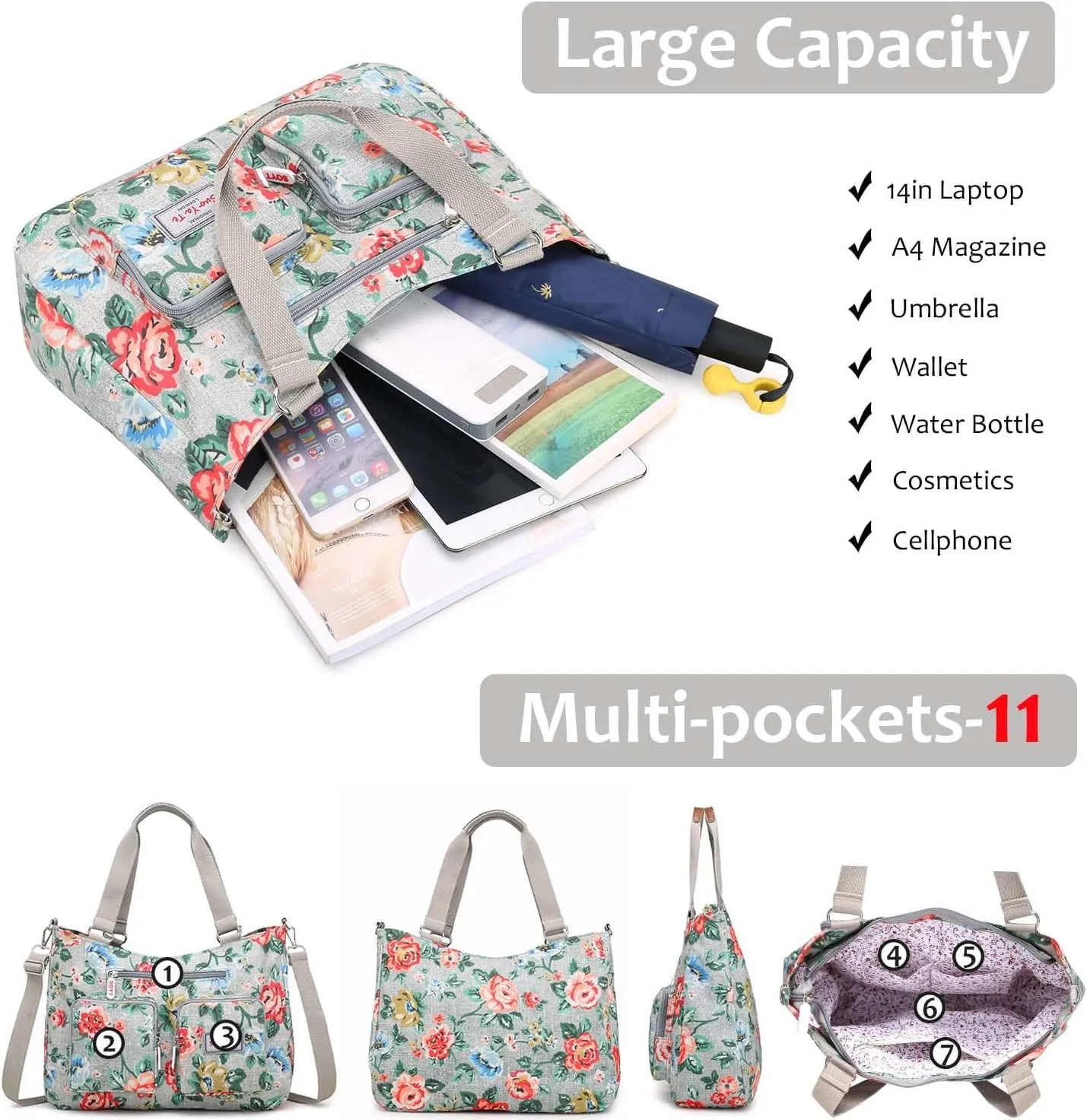 Women Utility Tote Bag Teacher Purses and Handbags for Nurse Waterproof Nylon Multi Pocket Shoulder Bag Work Tote Bag