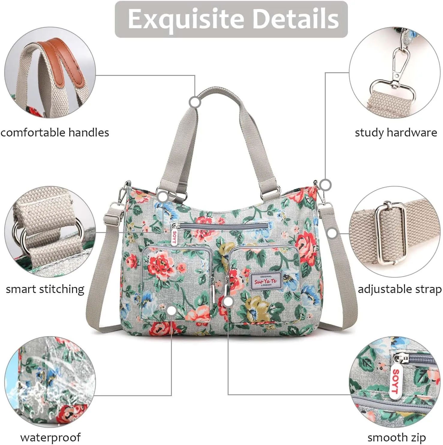Women Utility Tote Bag Teacher Purses and Handbags for Nurse Waterproof Nylon Multi Pocket Shoulder Bag Work Tote Bag