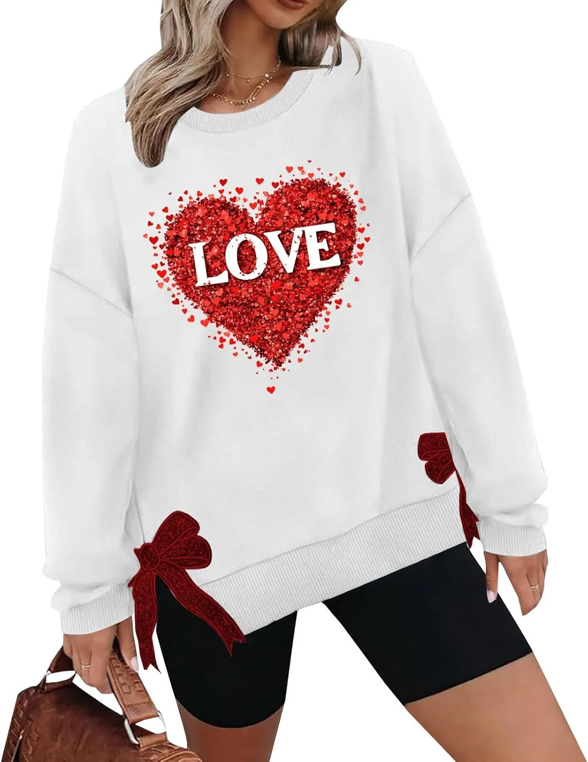 Womens 2025 Fashion Sweatshirt Valentines Heart Print Side Bow Applique Trendy Top Long Sleeve Athletic Causal Blouse