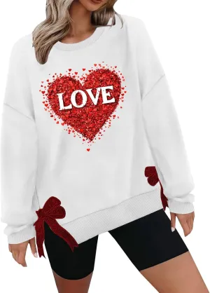 Womens 2025 Fashion Sweatshirt Valentines Heart Print Side Bow Applique Trendy Top Long Sleeve Athletic Causal Blouse